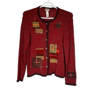 Napa Valley women’s XL rust red embroidered embellish floral knit Cardigan
